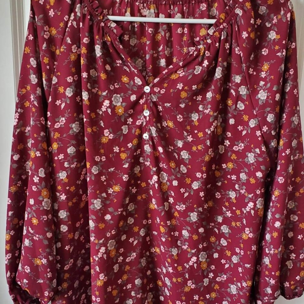 Pretty fall color floral - thin blouse long sleeve- size L